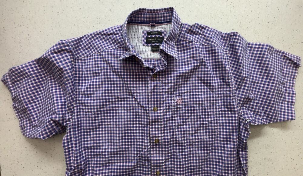 Ariat Pro Series Shirt Mens Large L Blue Pink Plaid Short Sleeve Stretch Button